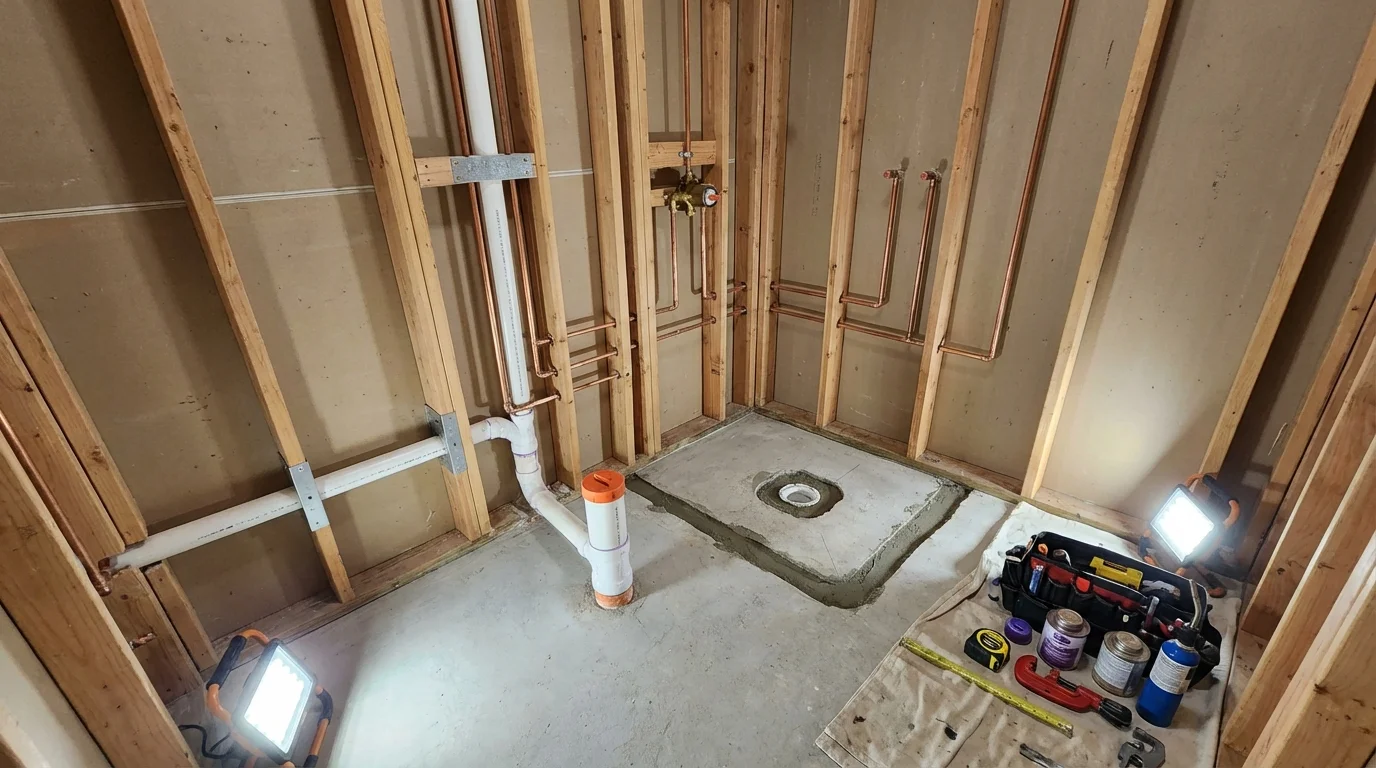 Bathroom rough-in plumbing during remodel by Johns Plumbing LLC in La Center
