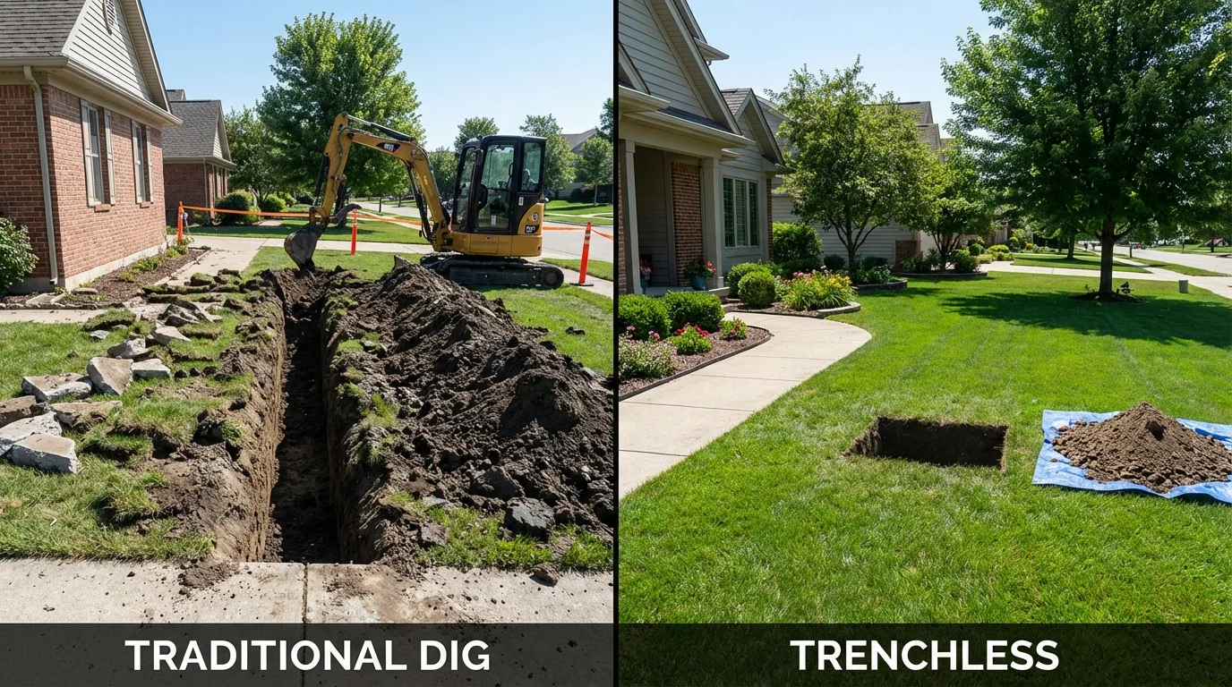 Trenchless sewer repair with minimal yard damage versus traditional excavation in La Center, KY