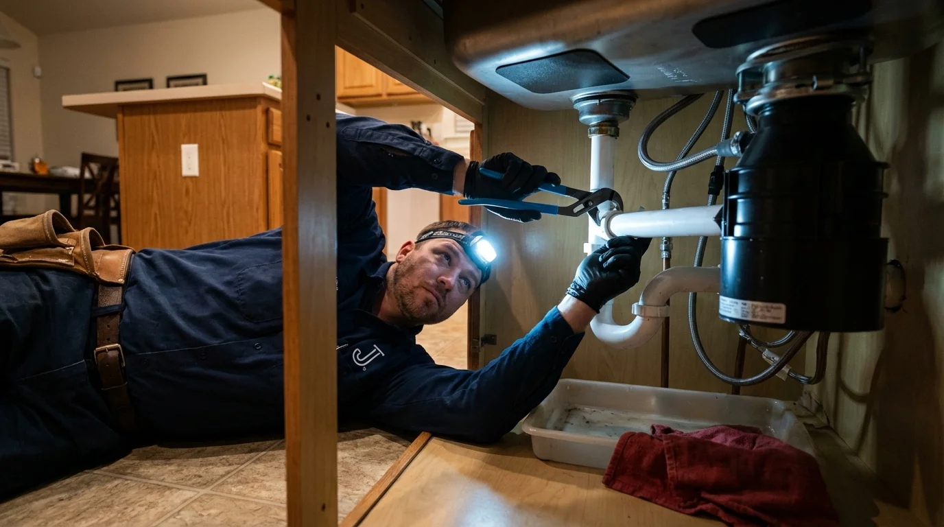 P-trap and supply line connections under a kitchen sink showing a common leak point in La Center, KY